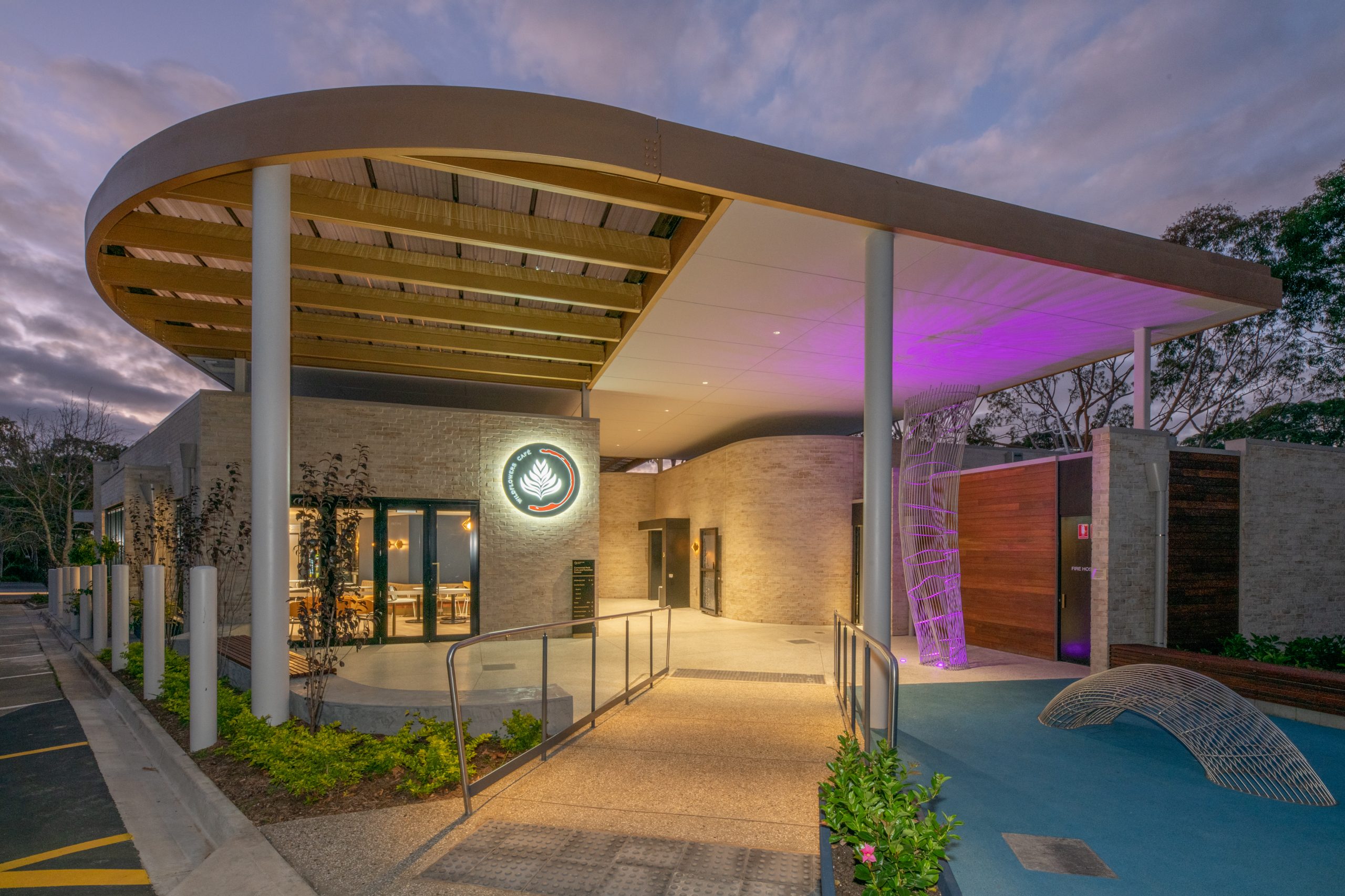 External entrance to the Centennial Park Café & Function Rooms, light up in the evening