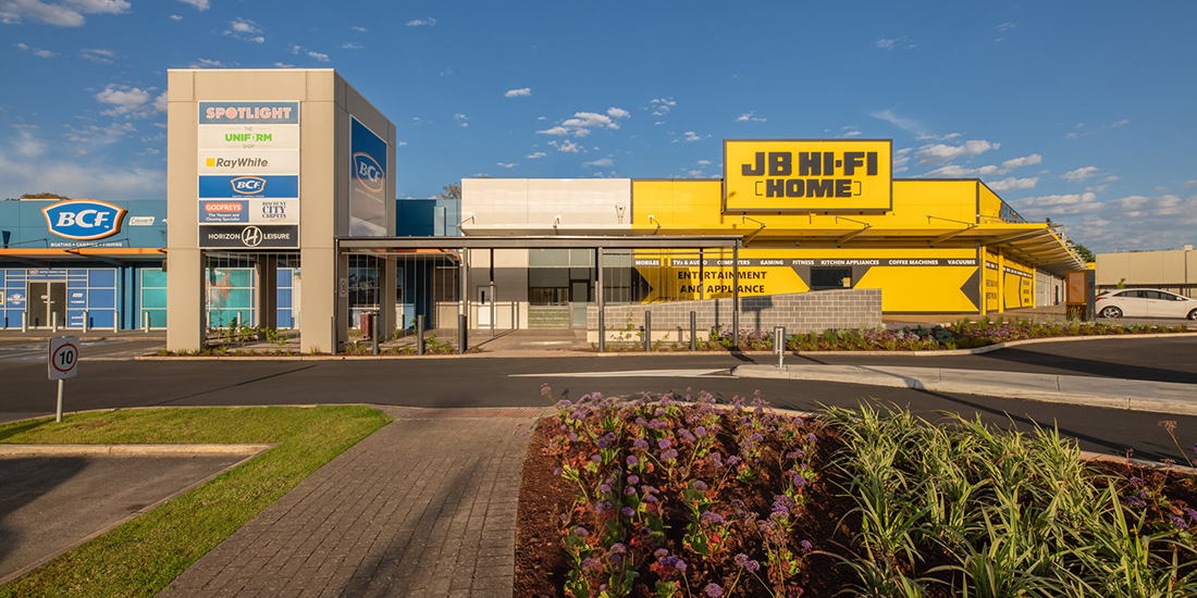 Mount Barker Home Maker Centre showing car park and entrance and storefronts JB Hi-Fi and BCF